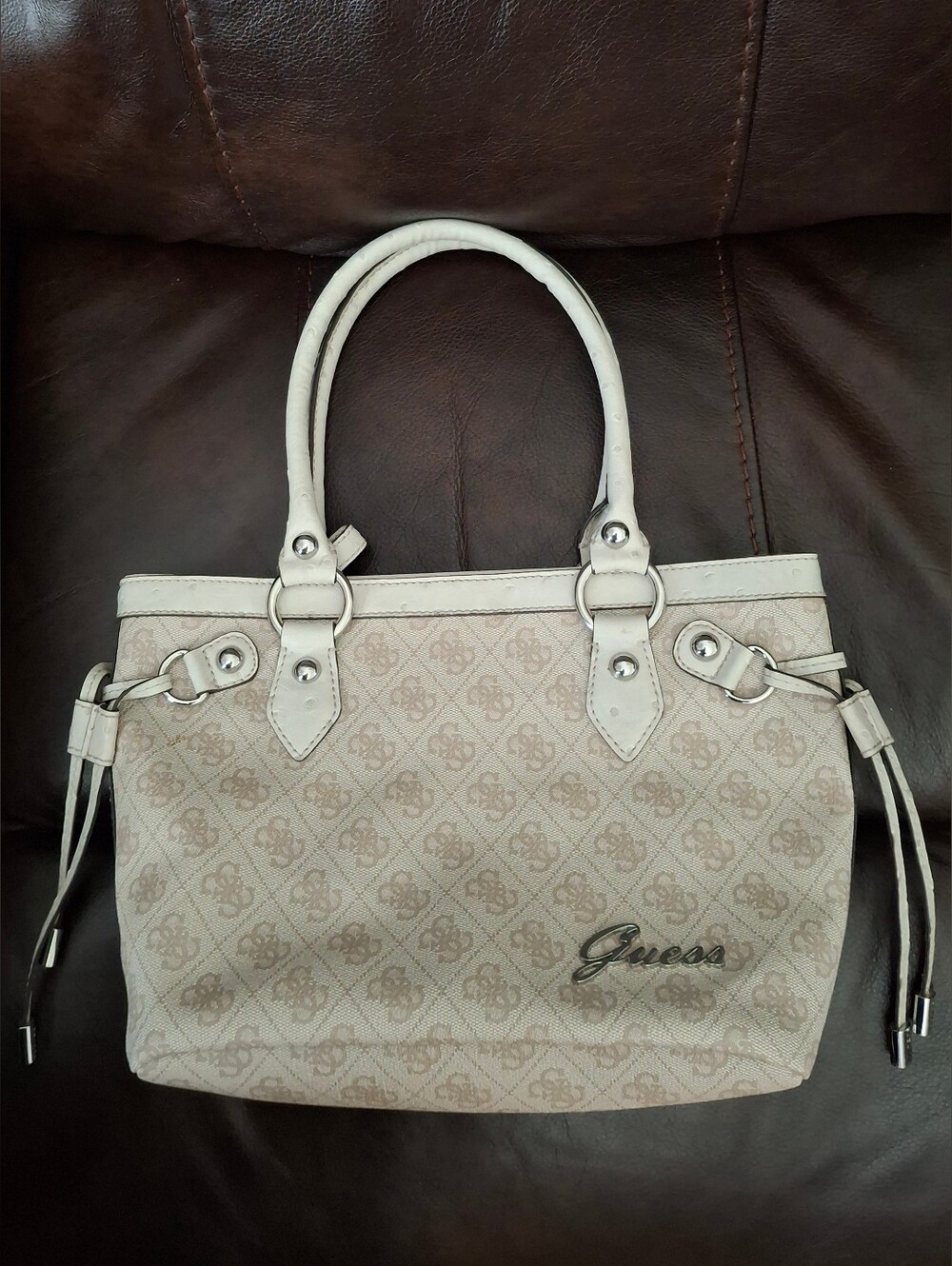 GUESS Y2K Cream Monogram Satchel Shoulder Bag